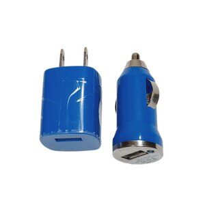 USB Wall Charger + USB Car Charger 2-Pack Blue AC/DC Fast Charge USB Ports New